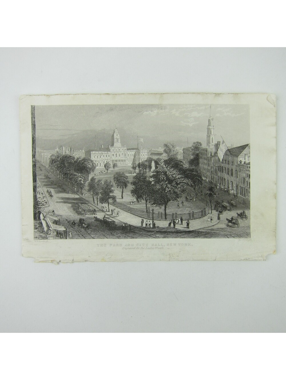 Antique Engraving Print Park & City Hall New York City For Ladies Wreath c1850